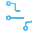 Three blue abstract line icons with circular ends, representing digital connections or a flowchart.